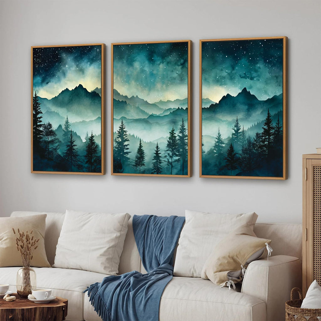Misty Mountain Framed Canvas Wall Art, Nature Forest Green Pine Tree Wall Decor, Starry Night Art Paintings, Modern
