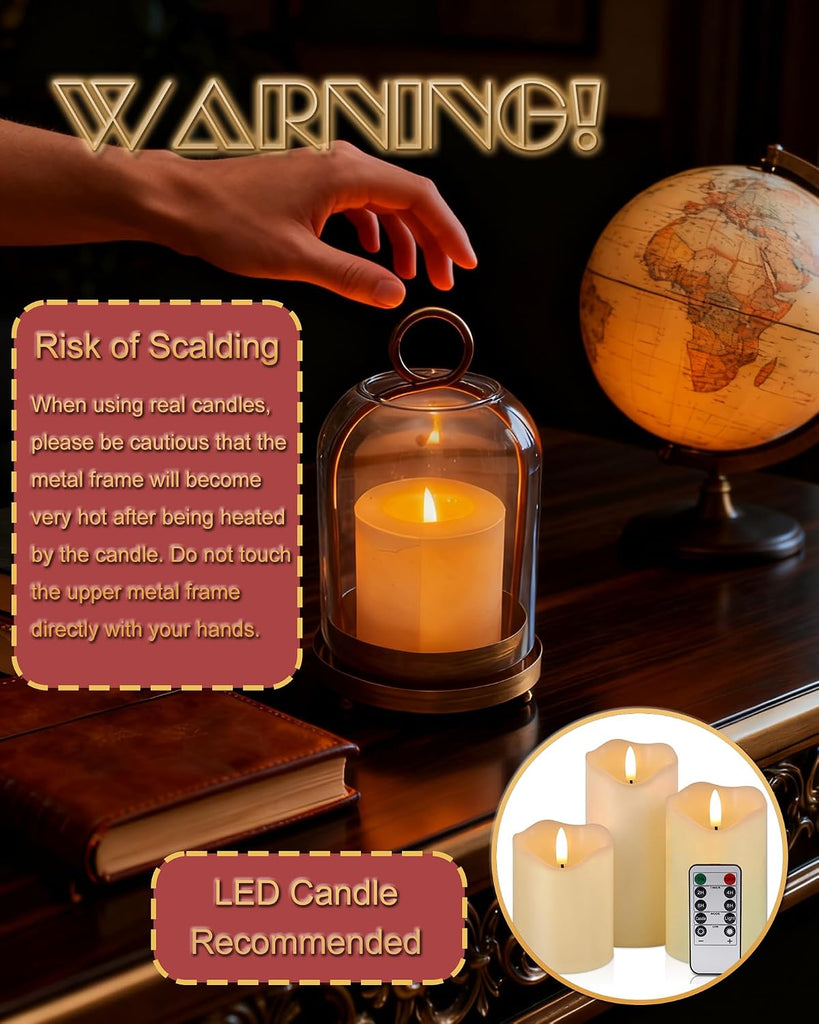 Glass Hurricane Candle Holders for Pillar Candles, Set of 2 (5" & 4" Wide) with Lamp Shape Glass Dome & Brass Base