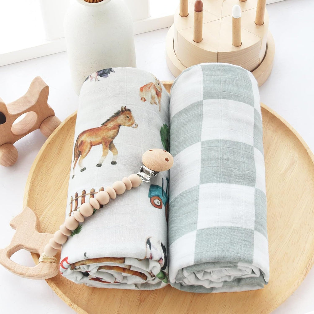 Muslin Swaddle Blankets, Farm Animals Baby Swaddling Wrap Nursery Receiving Blanket for Boys & Girls, Soft 70%