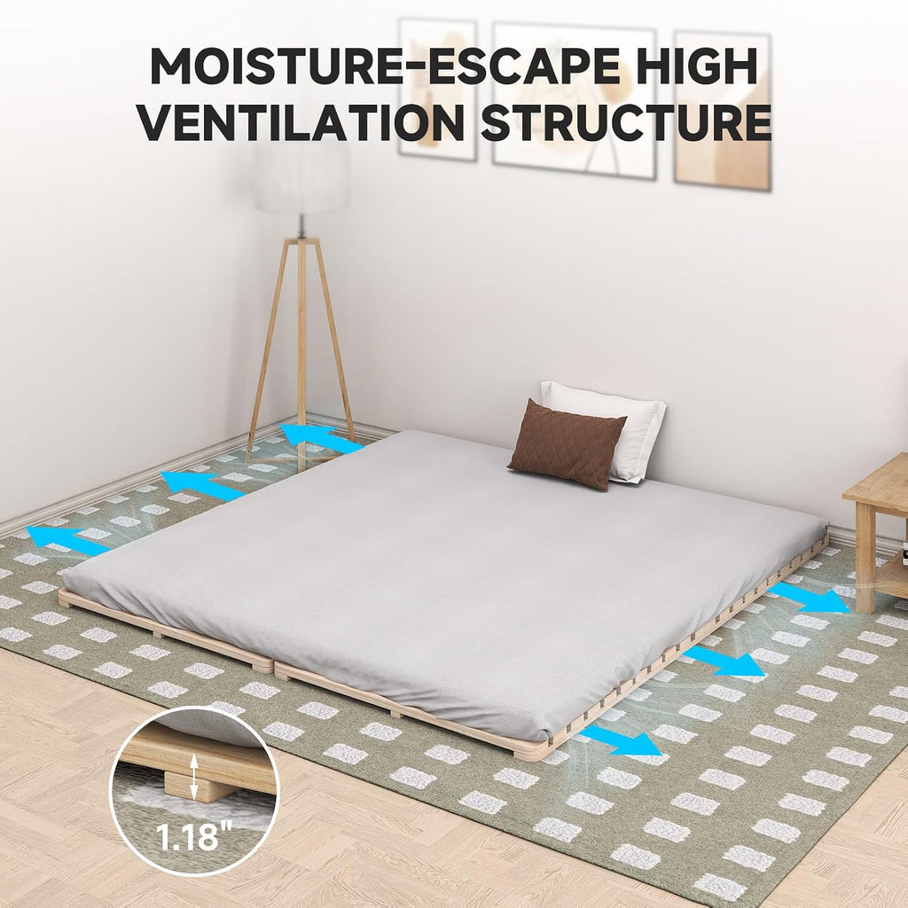 Foldable Floor Bed Frame, Solid Wood Slat Base for Futon Mattress