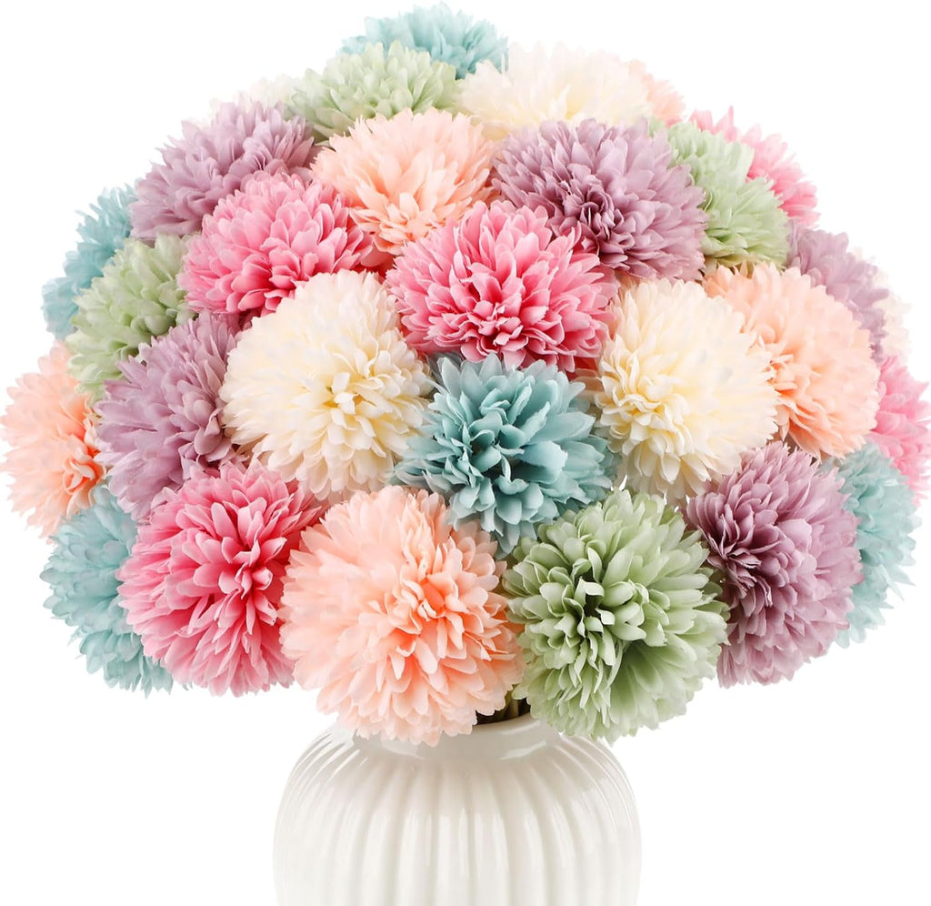 36 Pcs Pastel Artificial Chrysanthemum Flowers Faux Flower Ball Bouquet Silk Fake Marigold Mum for Easter St Patricks