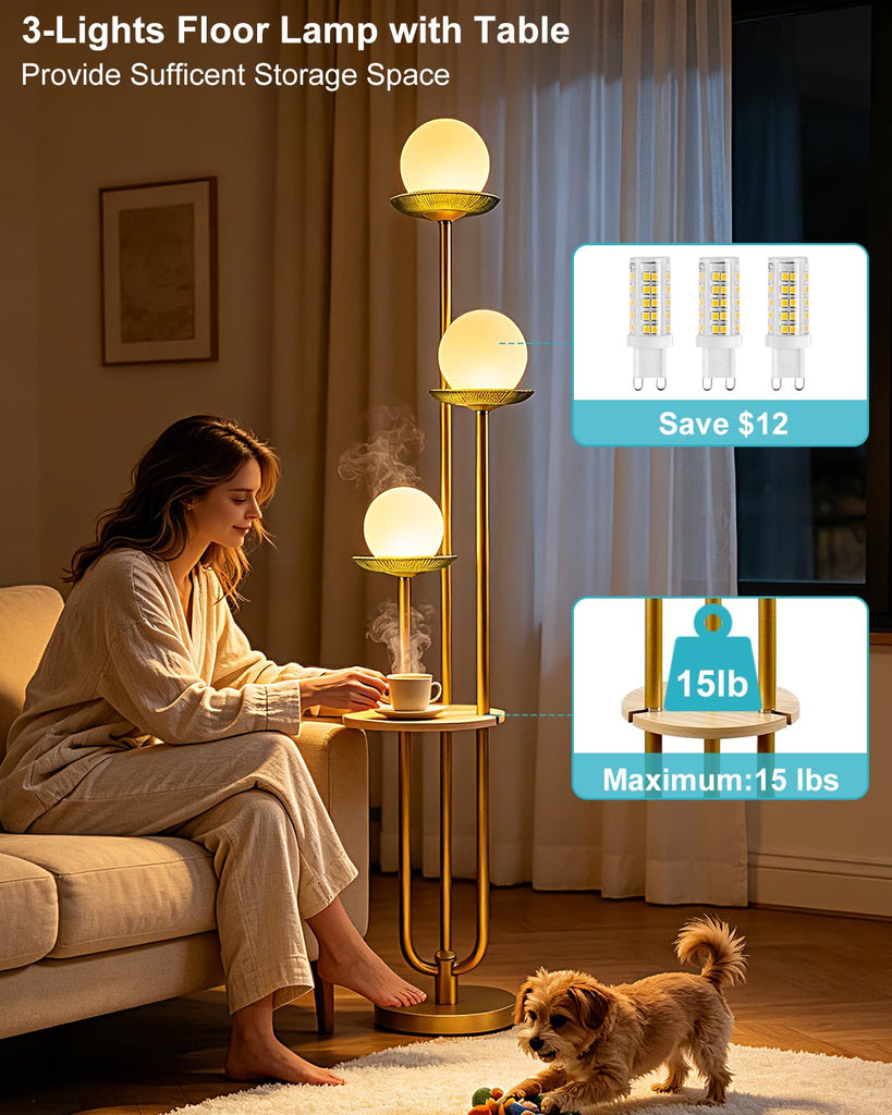 Floor Lamp Dimmable with Green Glass Tray Gold Floor Lamp