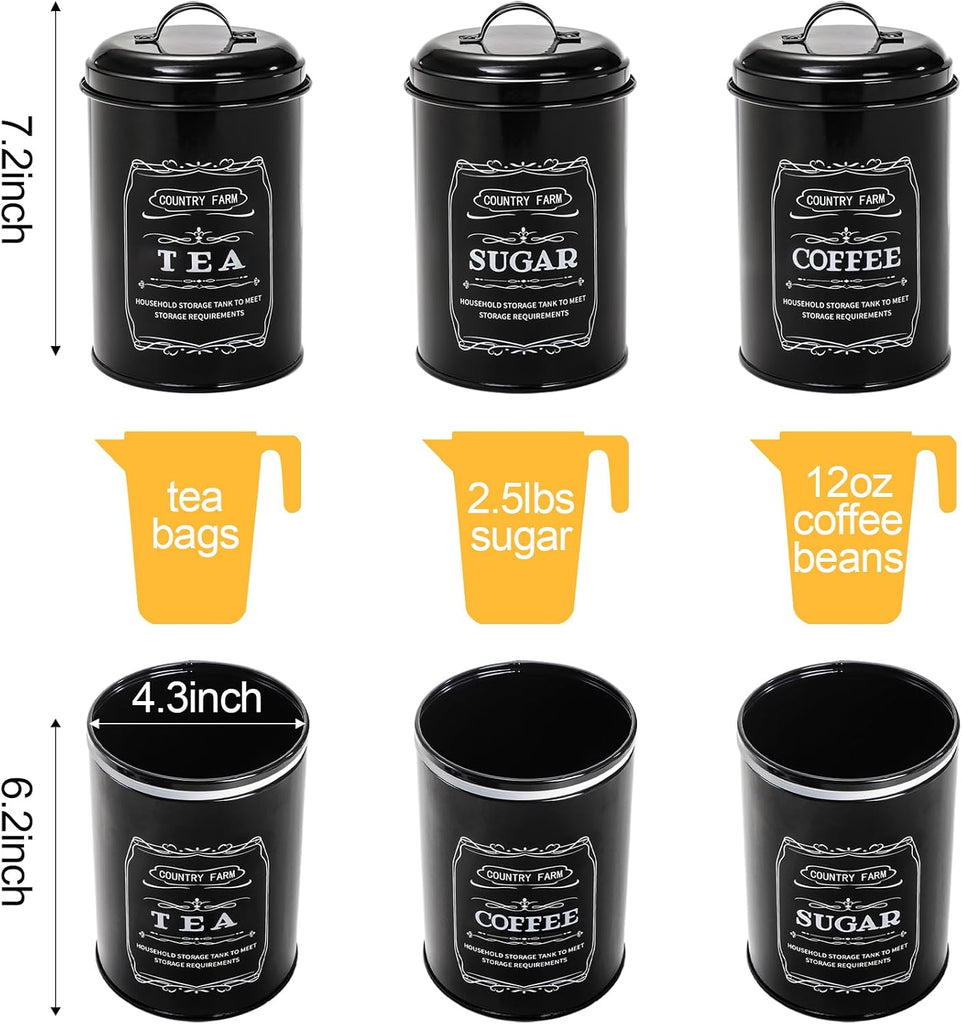 Metal Bread Box with 3 Kitchen Canisters Set, Large Black Farmhouse Bread Tin Countertop, Coffee Tea Sugar Canister - Set of 4