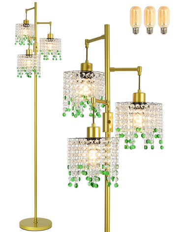 64" Crystal Floor Lamp with 3 Lights, Elegant Crystal Floor Lamp, Modern Standing Lamp, Gold Metal Base, K9 Crystal