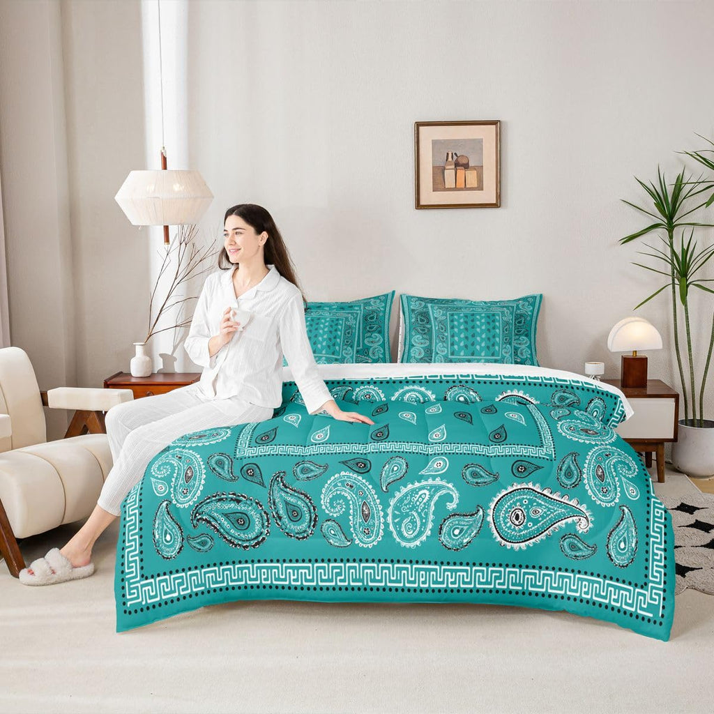 Turquoise Bandana 7pcs Comforter Set Full Size, Boho Paisley Bandanas Bedding Set for All Season, Bohemian Chic Floral