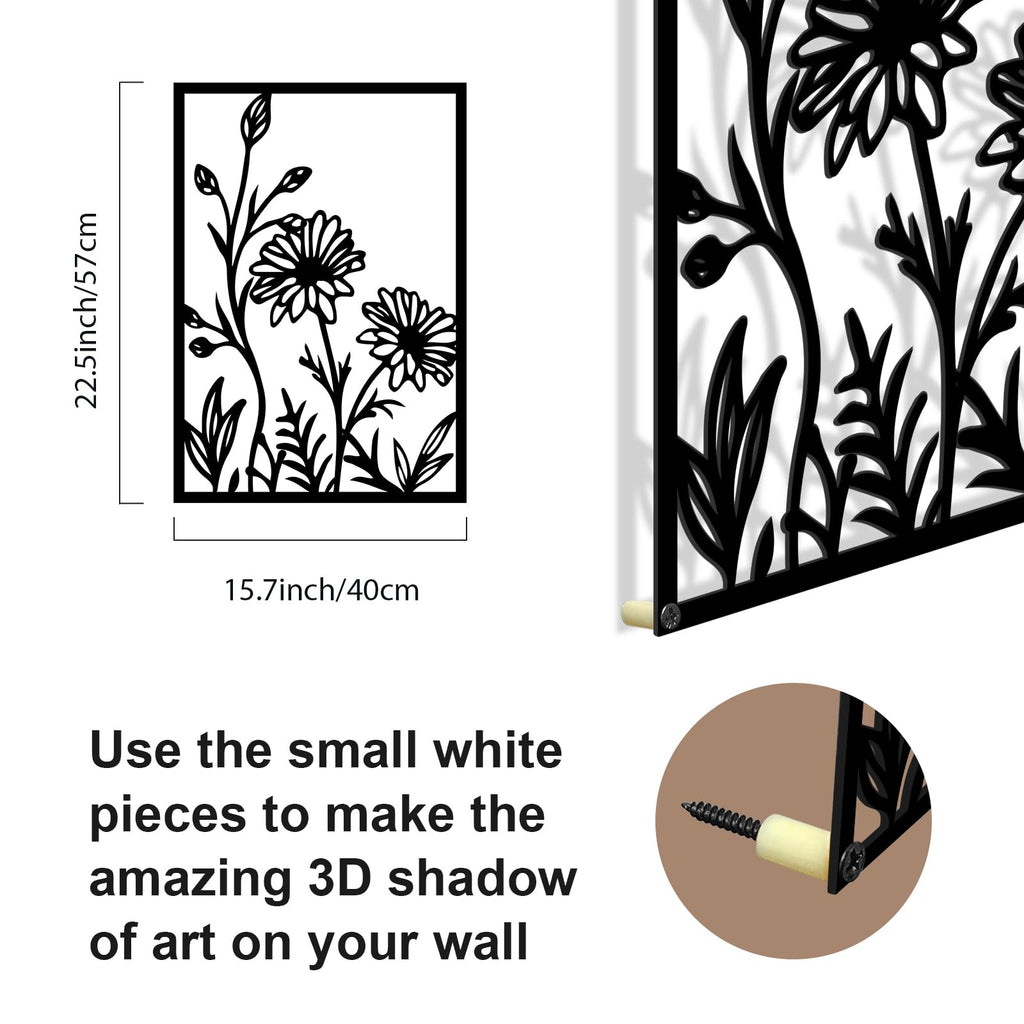 4 Pcs Black Abstract Flowers Metal Wall Art, Minimalist Floral Single Line Wall Décor, 3D Textured Sculptures