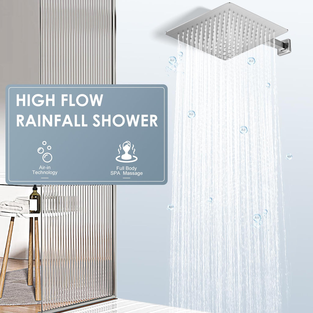 12 inch Brushed Nickel Rain Shower Head - All Metal 304 Stainless Steel, Full Body Rainfall Shower with 144 Silicone