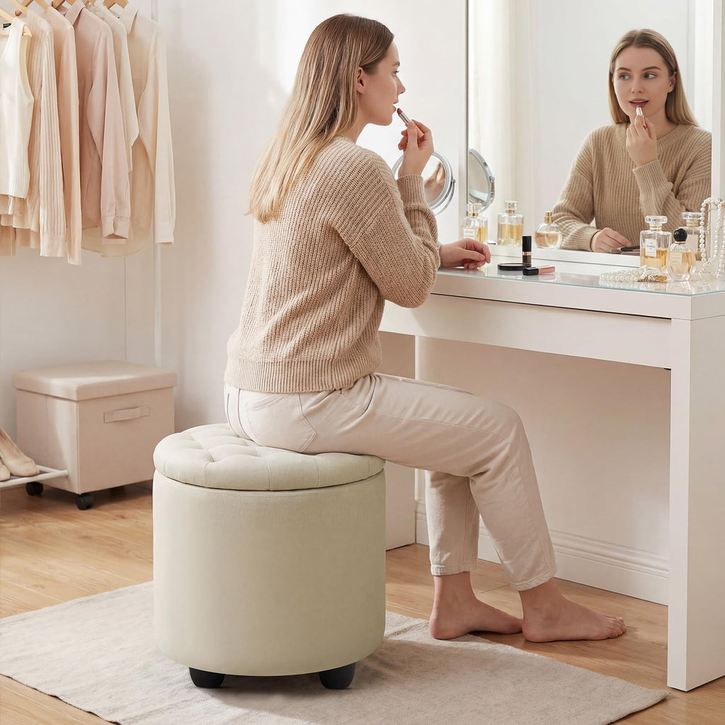 Modern Round Storage Ottoman, Button Tufted Ottoman Foot Stools Ottoman Footstool with Removable Lid Storage Ottoman