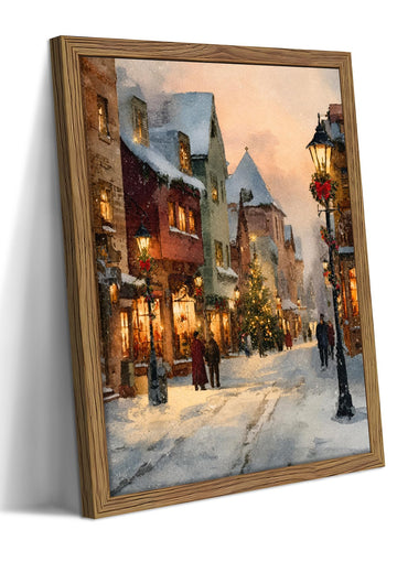 Vintage Christmas Wall, Christmas Street Landscape Canvas Wall Decor Painting, Winter Rustic Snowy Artwork Print