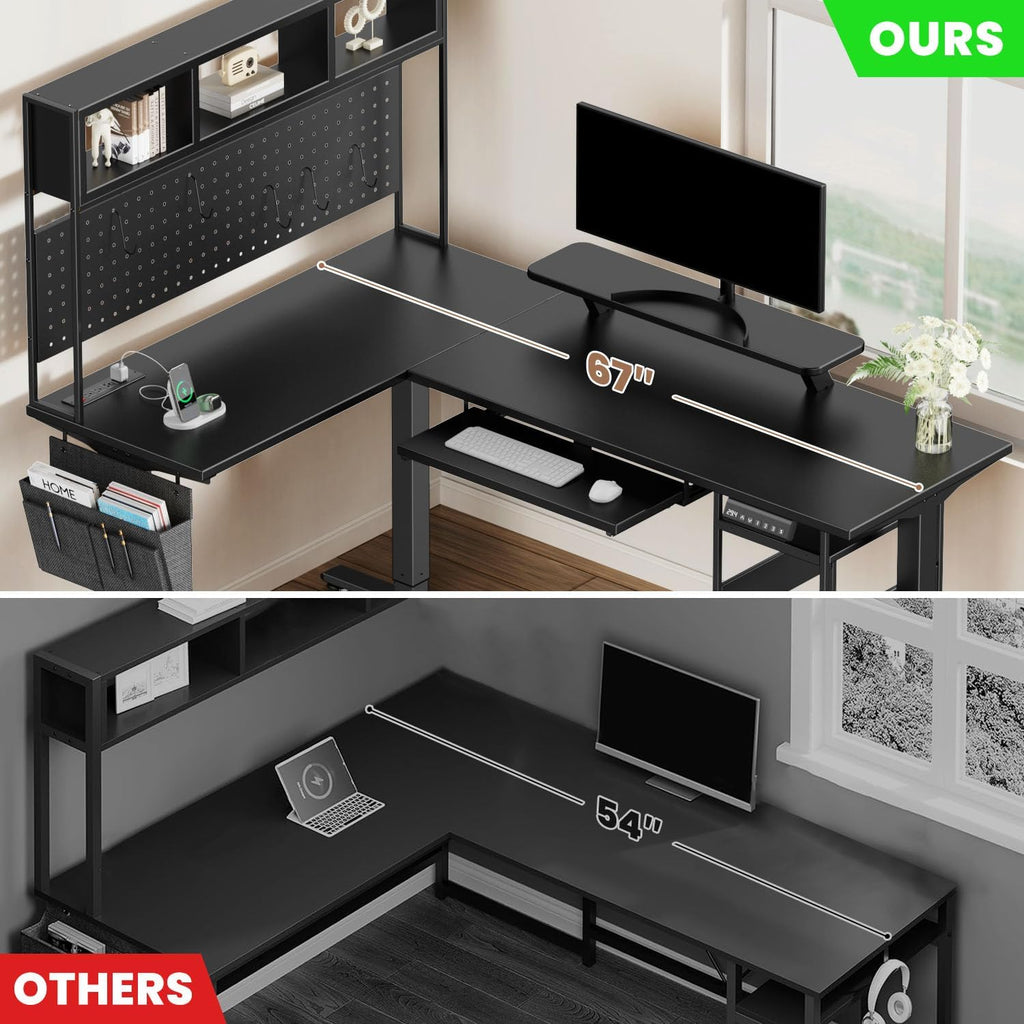 Electric L Shaped Standing Desk Adjustable Height, 67" x 47" Corner Computer Desk with Host Shelf, Gaming Desk with