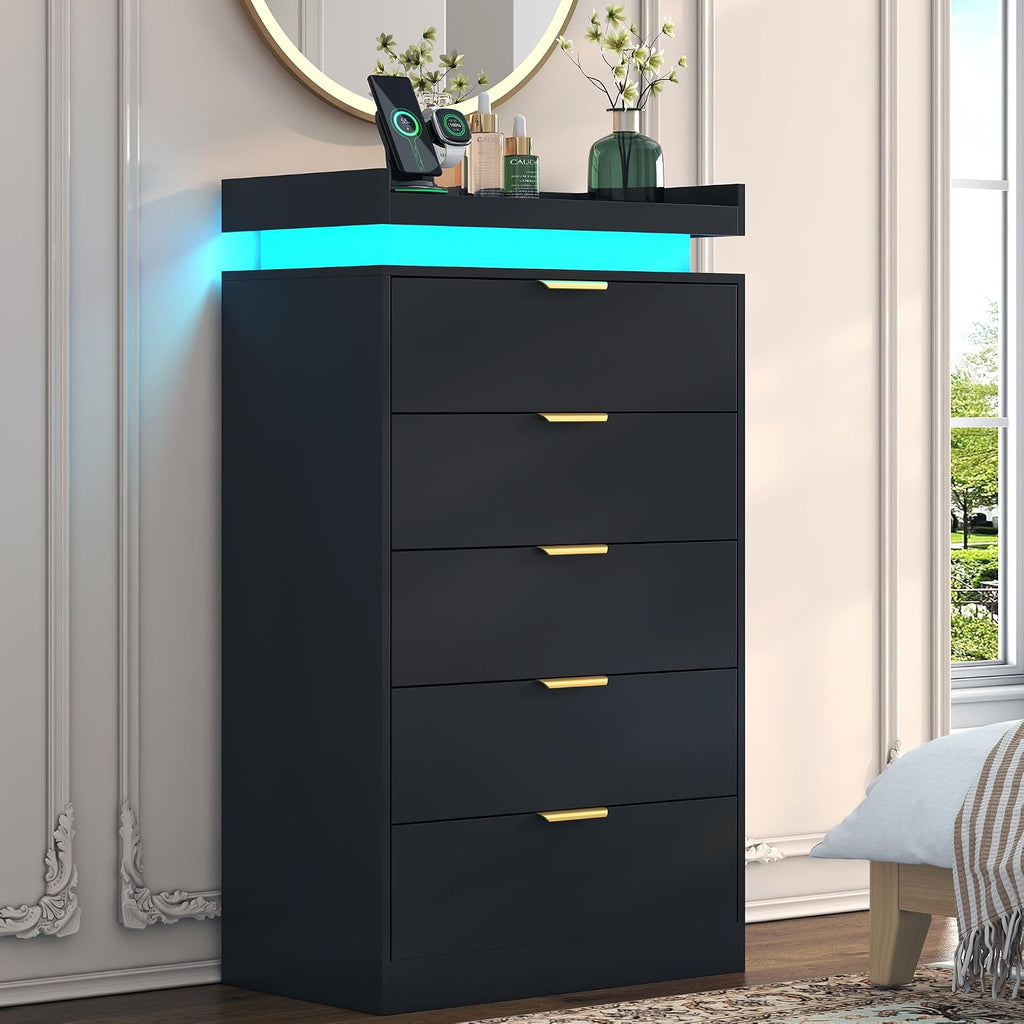 Tall Dresser , Black Dresser with LED Lights, Wood 5 Drawer Chest with Power Outlet, Modern Tall Chest of Drawers