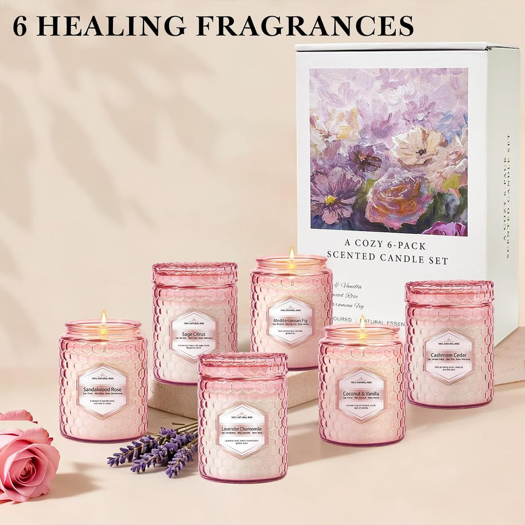 Scented Candles 6-Pack 5.5oz, Natural Soy Wax Pink Jar Gift Set | Scented Candles Gifts Sets for Women Birthday