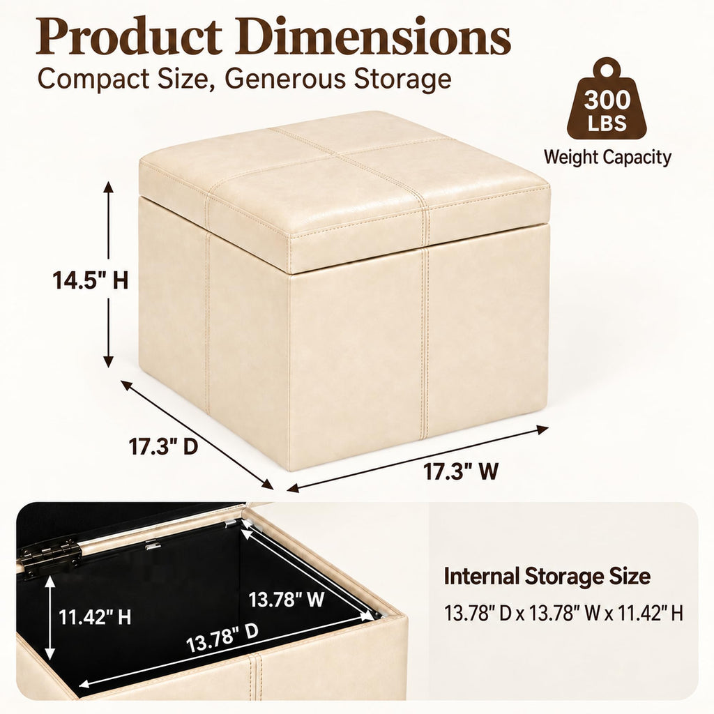Modern Faux Leather Cube Storage Ottoman Bench, Warm Beige, Sturdy Footrest with Hidden Storage - 17.3" Cube