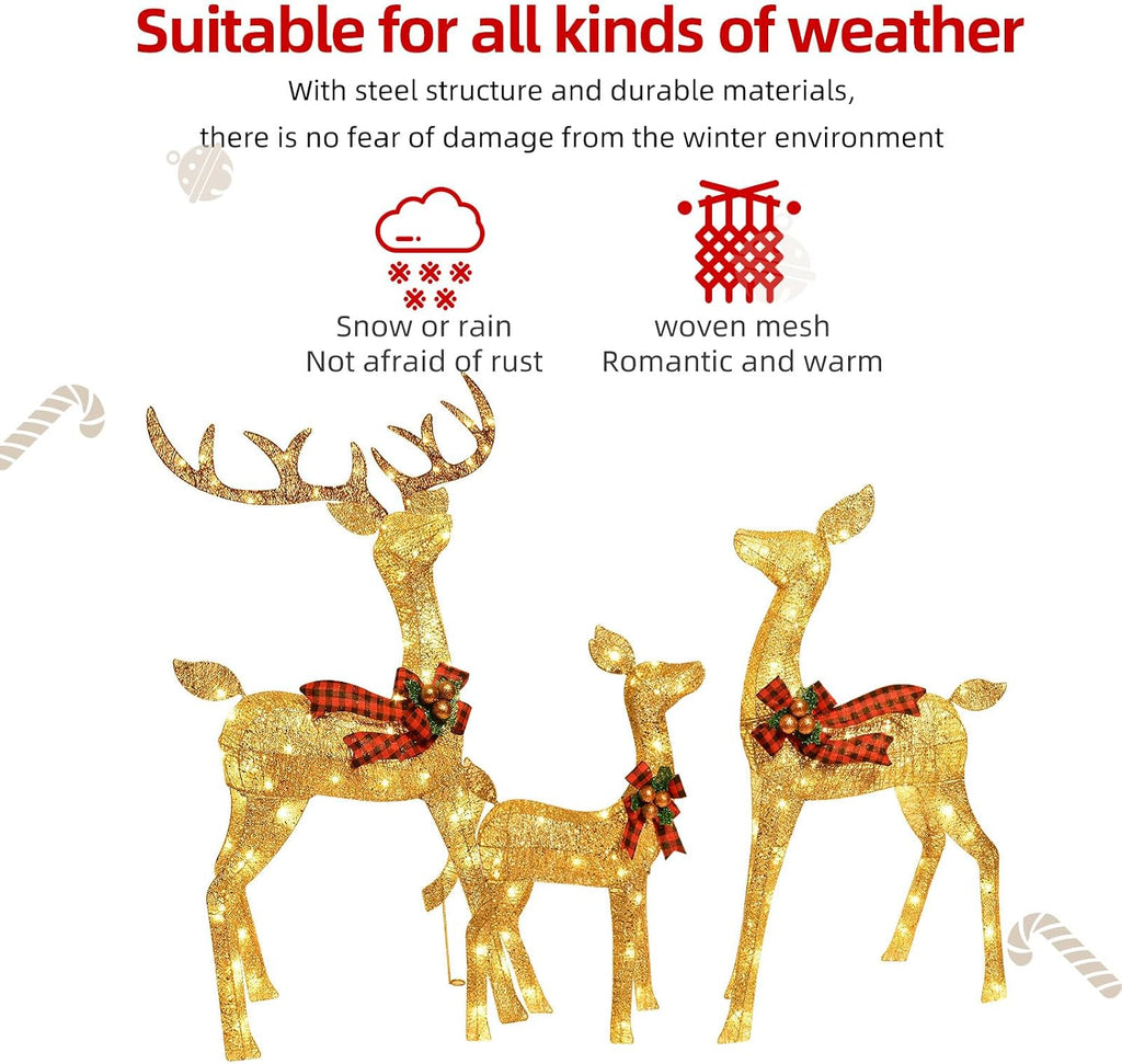 3-Piece Large Deer Family - Lighted Christmas 3D Reindeer Outdoor Yard Decoration Set w/ 210 LED Lights, Stakes, Zip
