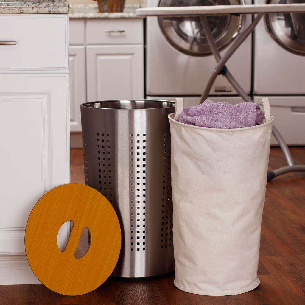 Round Metal Laundry Hamper with Engineered Wooden Lid, Removable Liner, and Ventilated Siding, Brushed Stainless