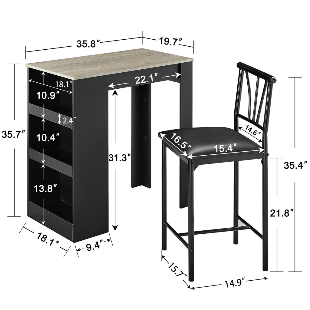 Small Bar Table and Chairs Tall Kitchen Breakfast Nook with Stools/Dining Set for 2, Storage Shelves, Space-Saving