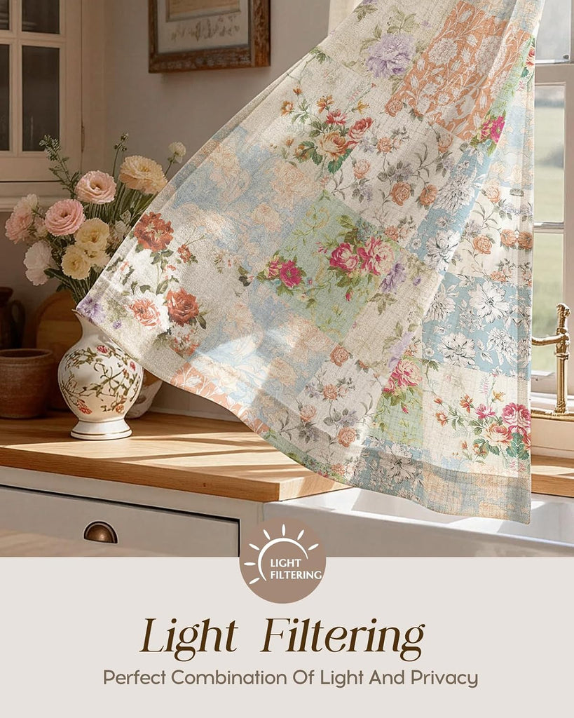 Boho Kitchen Curtains - 36 Inch Length Linen Blend Vintage Floral Cafe Curtains Country Tier Curtain Short Drapes Rod