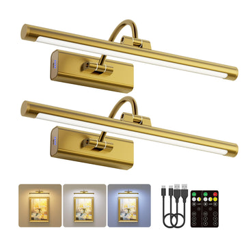2 Pack 16" Brass Picture Art Lights - 6000mAh Rechargeable Battery Powered Wireless Lighting Gallery, Office, Living