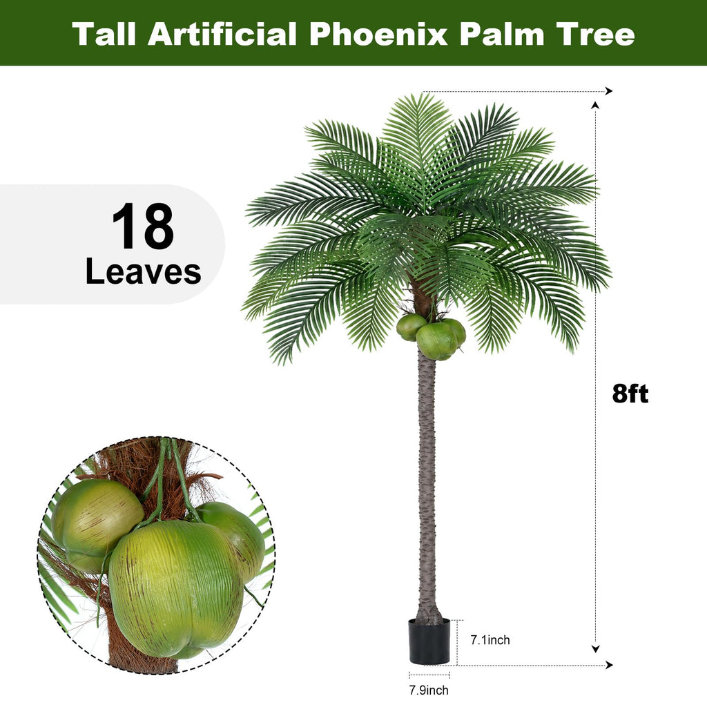 8ft Tall Artificial Phoenix Palm Tree with 3 Coconut Fruits, Large Fake Tropical Silk Tree Outside, Fake Tree Perfect
