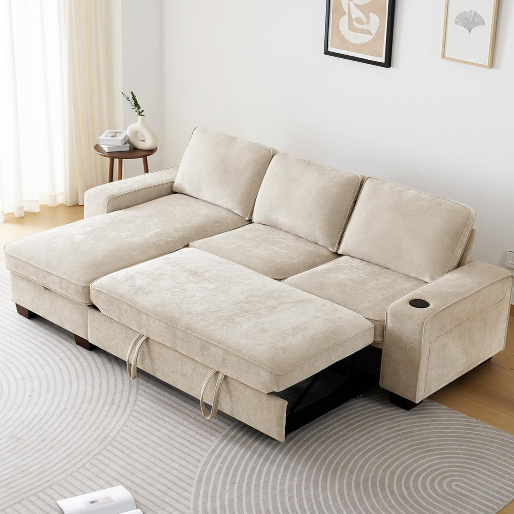99" Convertible Sleeper Sofa Bed, L Shaped with Storage Chaise Pull Out Couch, USB and Type-C, Removable Washable