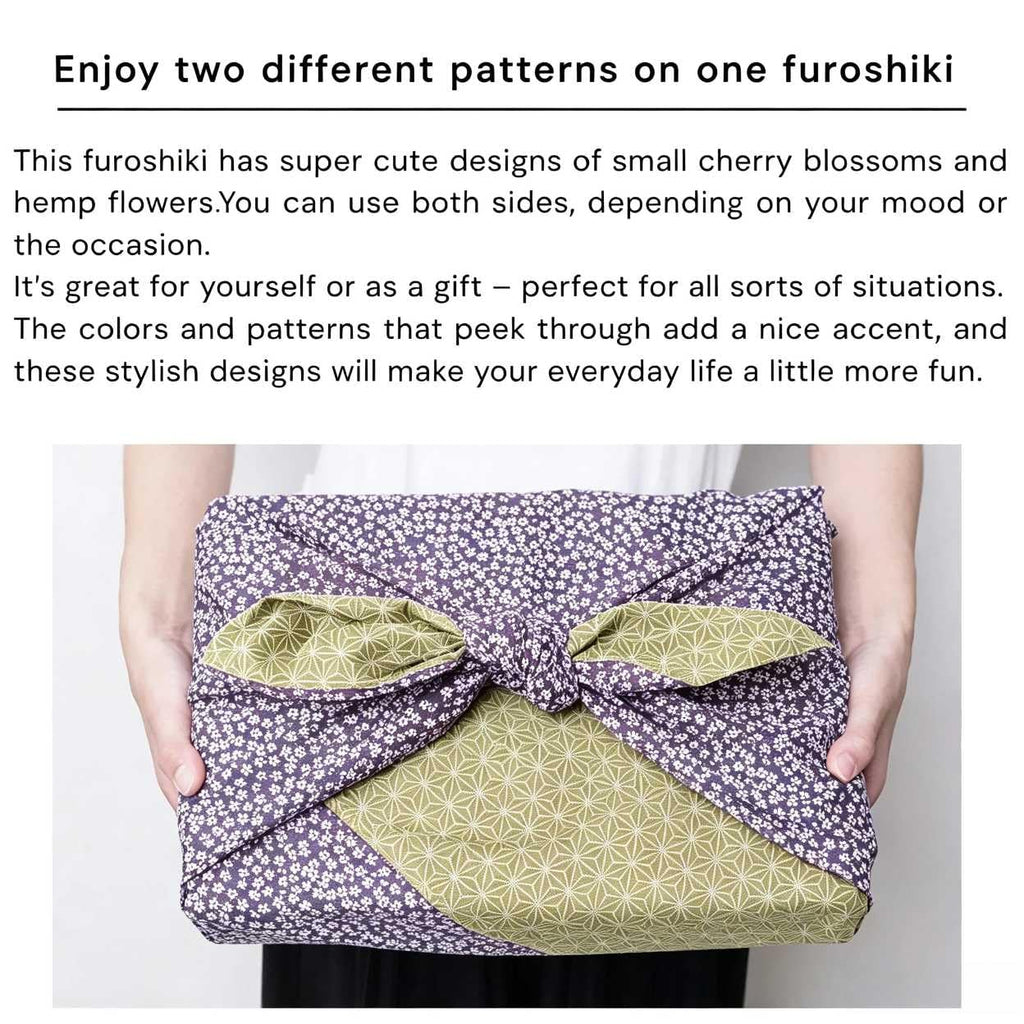 Furoshiki Japanese Reversible Wrapping Cloth Eco Gift Wrap Sakura Asanoha (Purple/Green, 35.4 x 35.4 inches)
