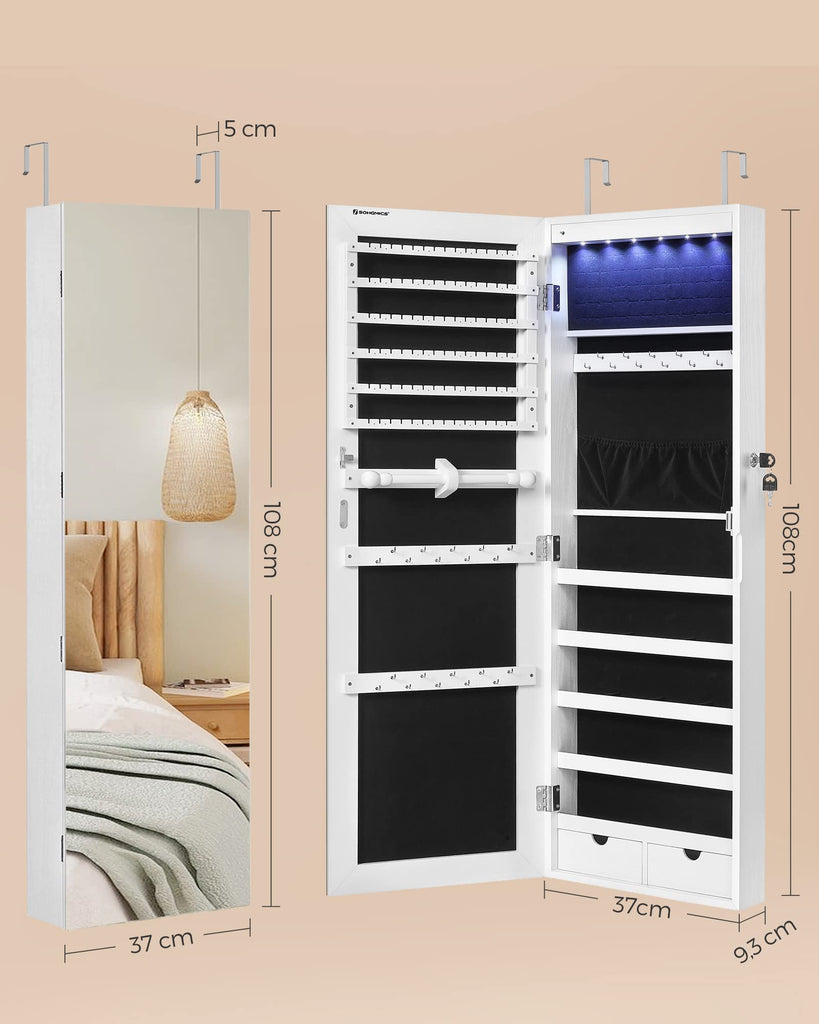 Mirror Jewelry Cabinet Armoire, Wall or Door Mounted, Lockable