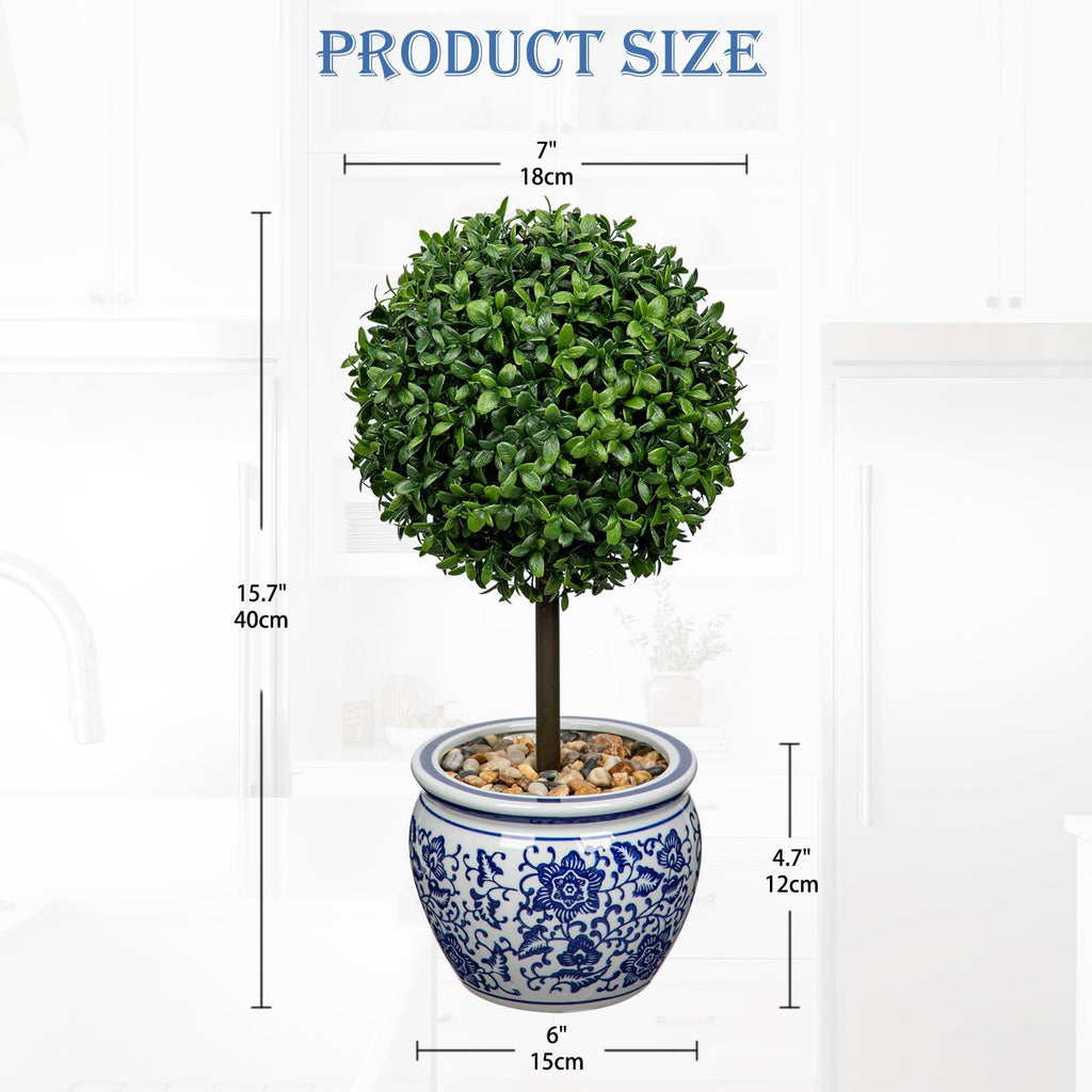 Artificial Topiary Boxwood Ball in Blue and White Ceramic Pot, 16 Inch Artificial Boxwood in Planters Decorative Fake