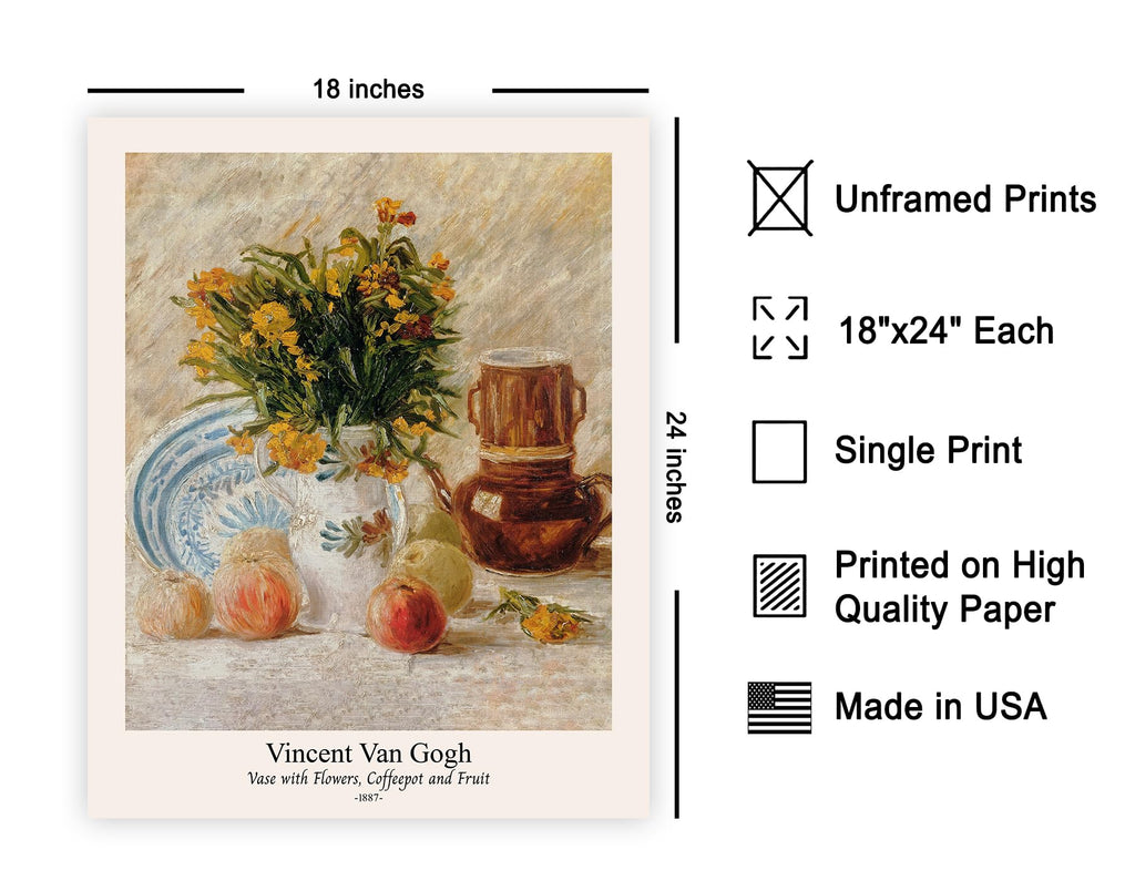 Art Vintage Van Gogh Poster - Retro Vase with Flowers Coffee Pot and Fruit Print - Impressionism Art - Classic