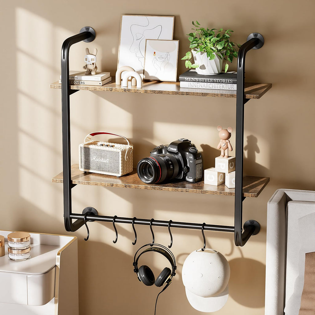 2 Tier Industrial Pipe Floating Shelf, 24" Kitchen Wall Shelves