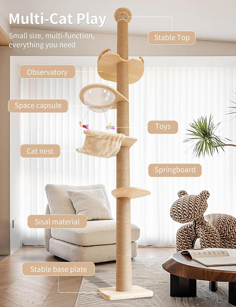 Floor-to-Ceiling Cat Tree with Natural Sisal Rope Scratching Post - Adjustable Height (55-119 Inches) - Modern Cat