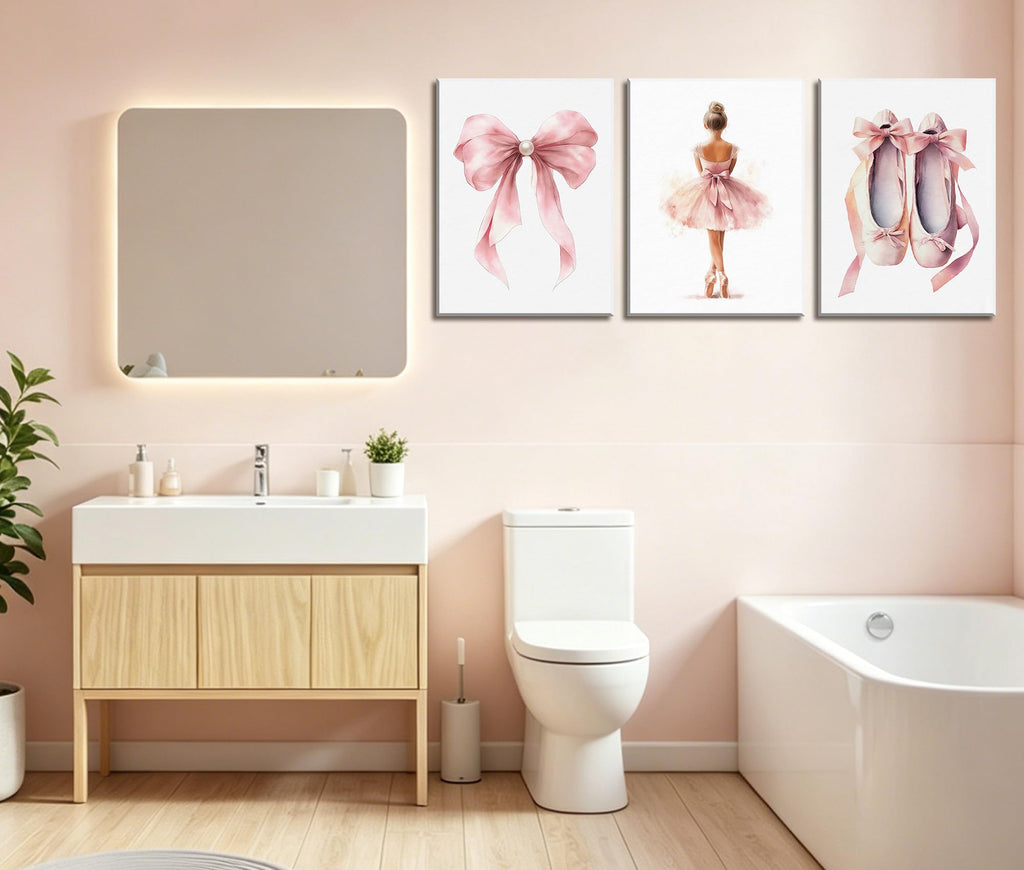 3-Piece Pink Ballet Girl Canvas Wall Art, 12x16 Inch