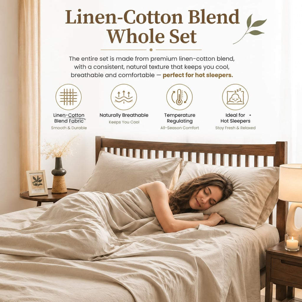 Belgian Linen Sheet Set Solid Color - 4 Pieces (1 Flat Sheet, 1 Fitted Sheet & 2 Pillowcases) Natural Flax Cotton