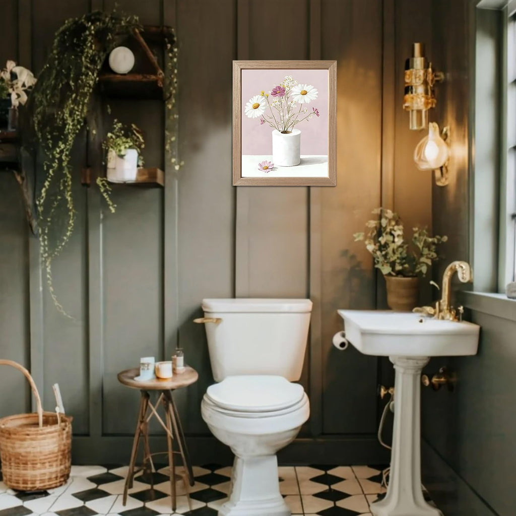 Framed Pink Bathroom Wall Art Funny Toilet Paper with Floral Restroom Decor