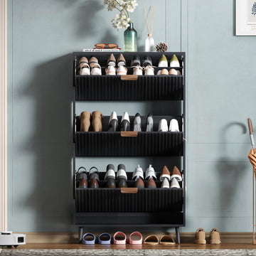 Shoe Cabinet Storage, Modern Freestanding Organizer with 3 Flip Drawers, Narrow Shoe Rack Cabinet, Black