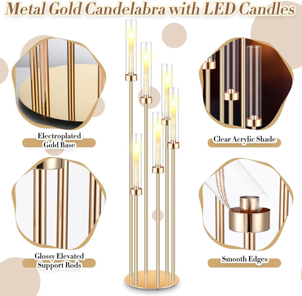 4 Sets Acrylic Candelabra Centerpieces 46.5'' Tall Clear Candle Holders Pillar Taper Candlestick with Lampshades 6
