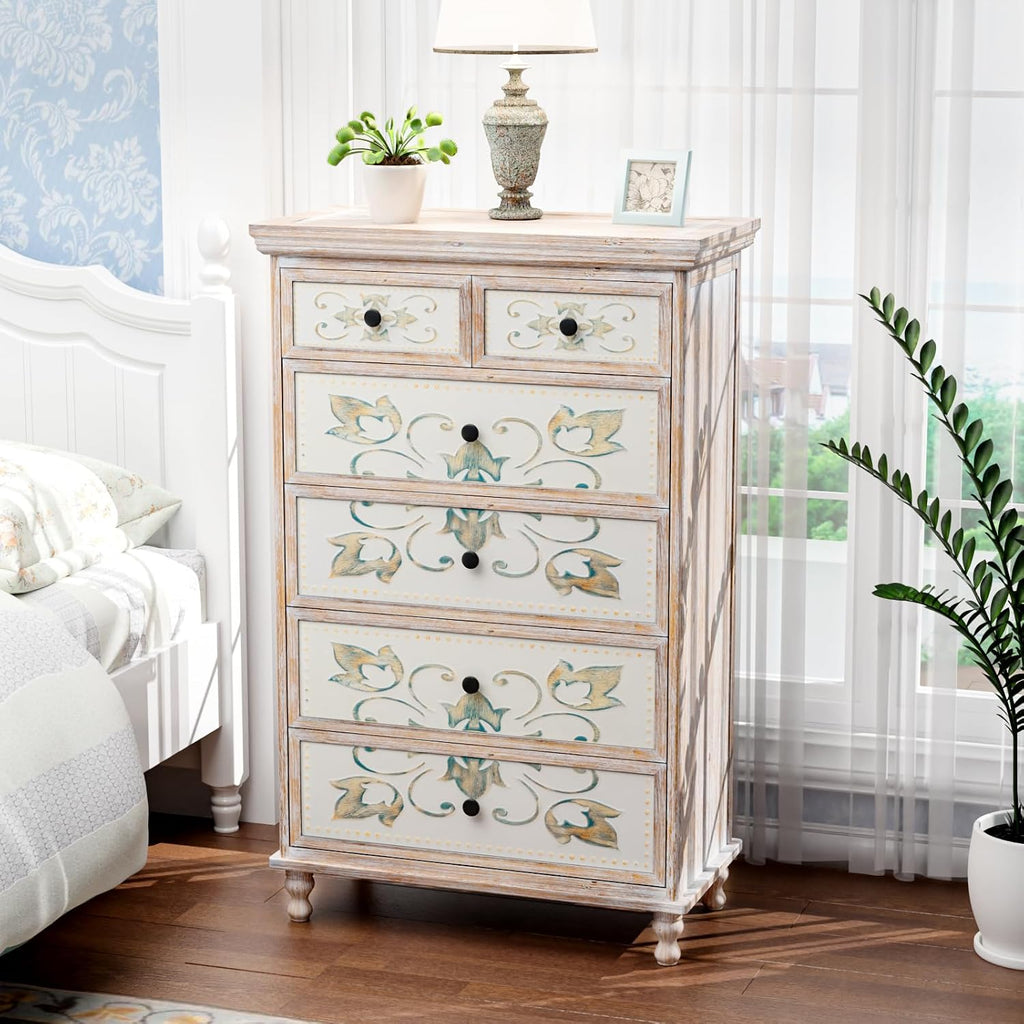Dresser Wood Chest of Drawers , Tall Dresser 6 Drawer Chest Boho, Wooden Dressers with Drawers and Solid Wood Legs