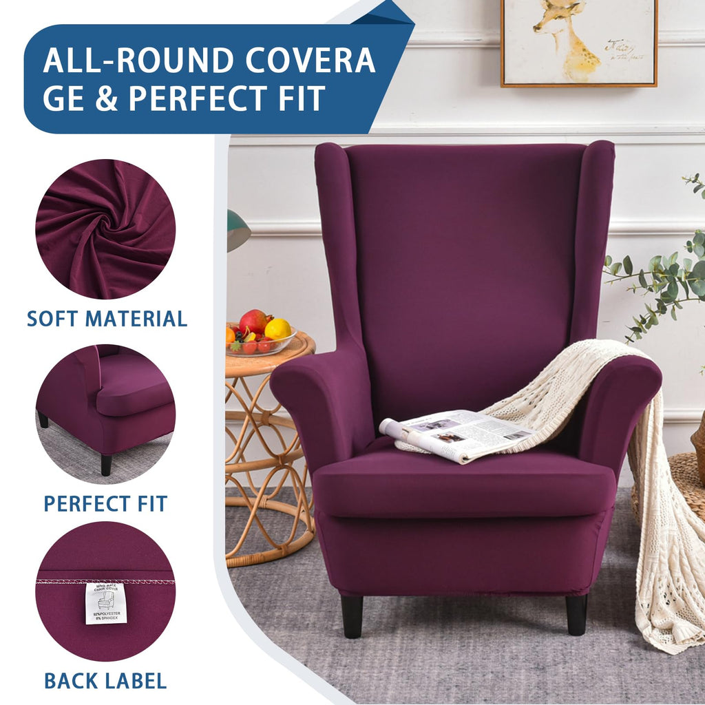Wingback Chair Slipcover 2 Piece Stretch Armchair Cover Furniture Protector Washable Spandex Wing Fuchsia Chair Covers