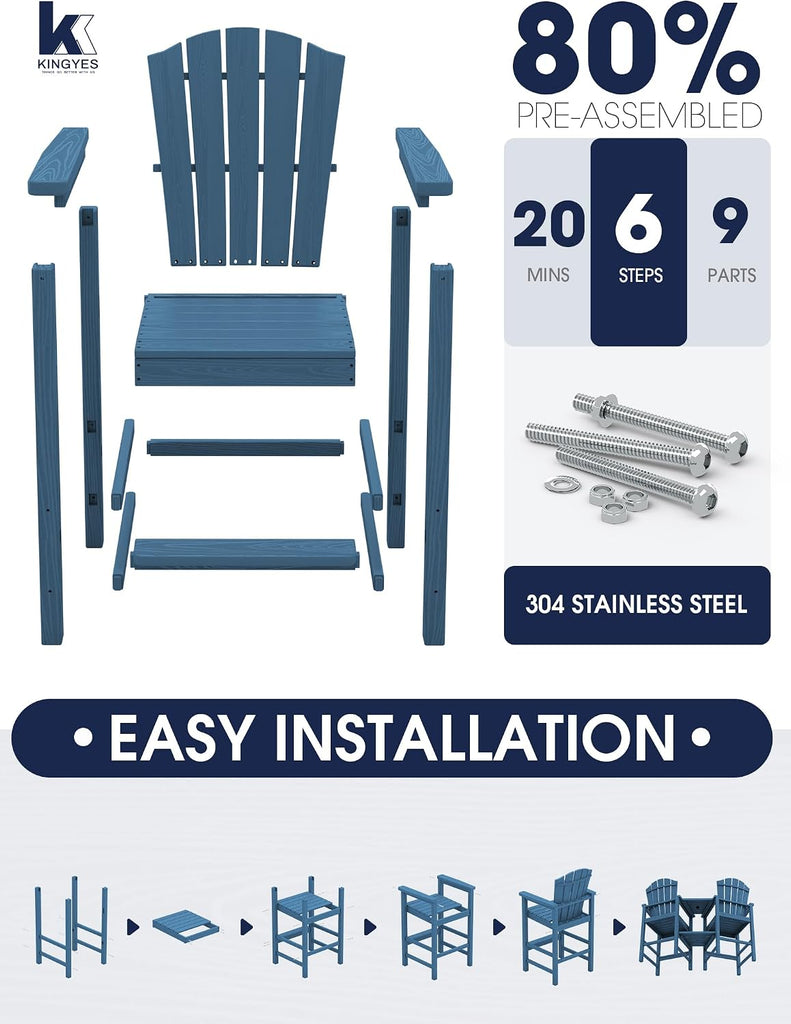 Tall Adirondack Chair Set of 2 with Double Connecting Trays, Blue | All-Weather HDPE Outdoor Adirondack Barstools