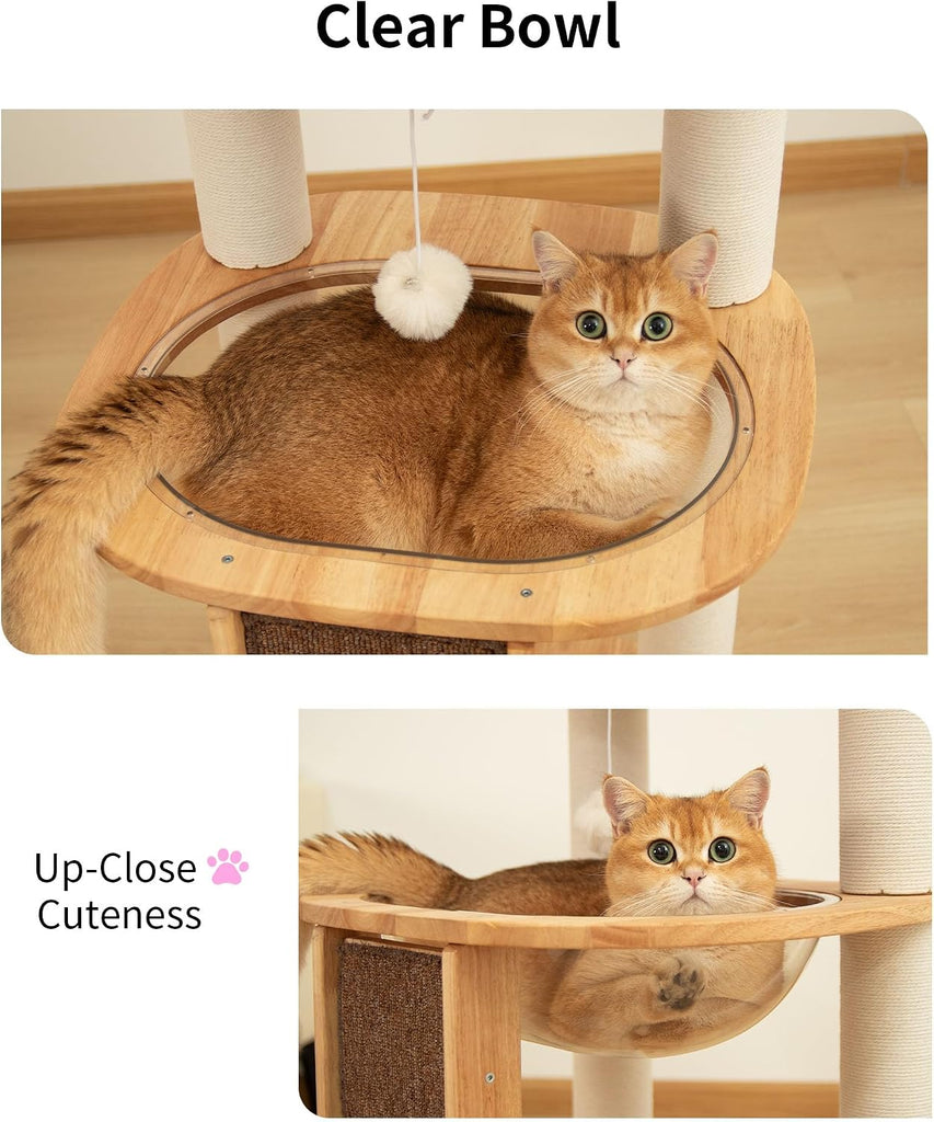 Wood Cat Tree for Large Cats, Modern Cat Tree Tower with Wide Shelves Cotton Scratching Posts, Super Sturdy Base