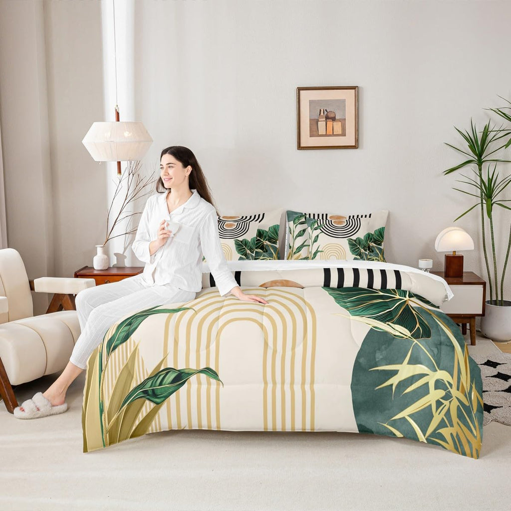 7 Pcs Mid Century Boho Comforter Set Queen Size Abstract Art Simple Bedding Sets, Minimalist Tropical Palm Leaves Bed