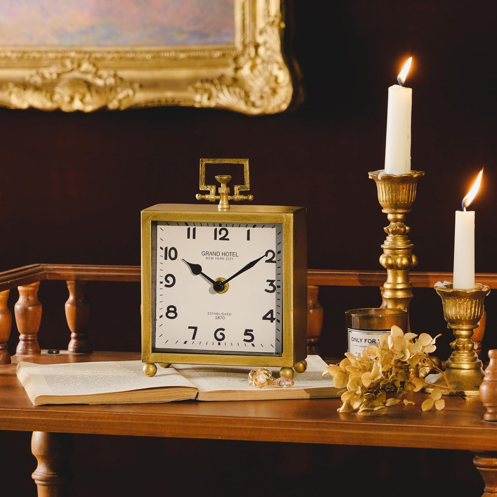 HOME Small Gold Table Clock, Silent Non-Ticking Classic Battery Operated Decorative Mantel Desk Shelf Clock for