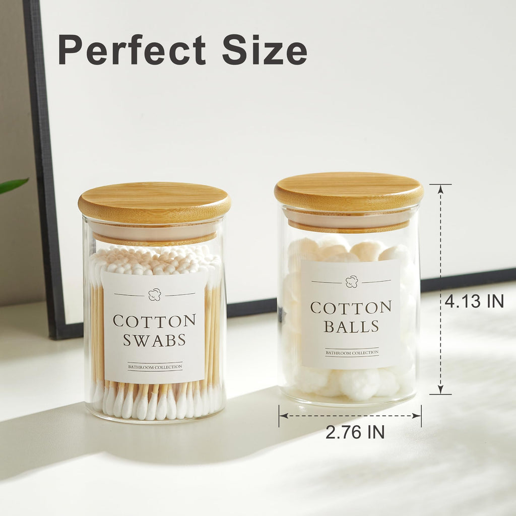 3 Pack Qtip Holder Dispenser - Glass Apothecary Jars with Lids, Cotton Ball Pad Swab Round Holder, Bamboo Bathroom