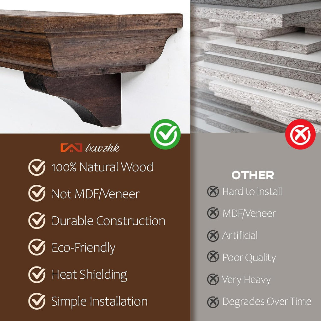 72 Inch Shelf with Corbels, Rustic Floating Shelf for Wall, Wooden Fireplace Mantle for TV Mounting & Living Room, Brown