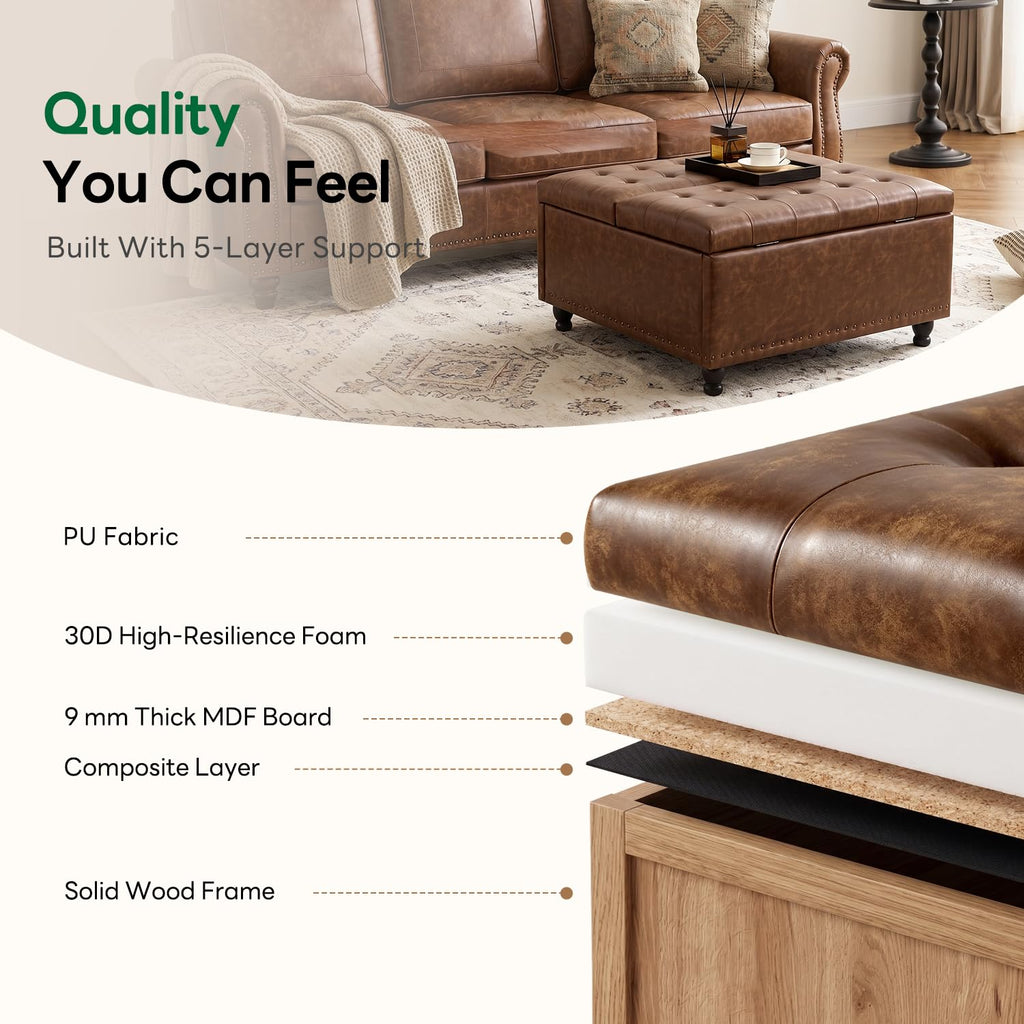 35.5 Inch Large Square Ottoman with Storage, Lift Top, Brown