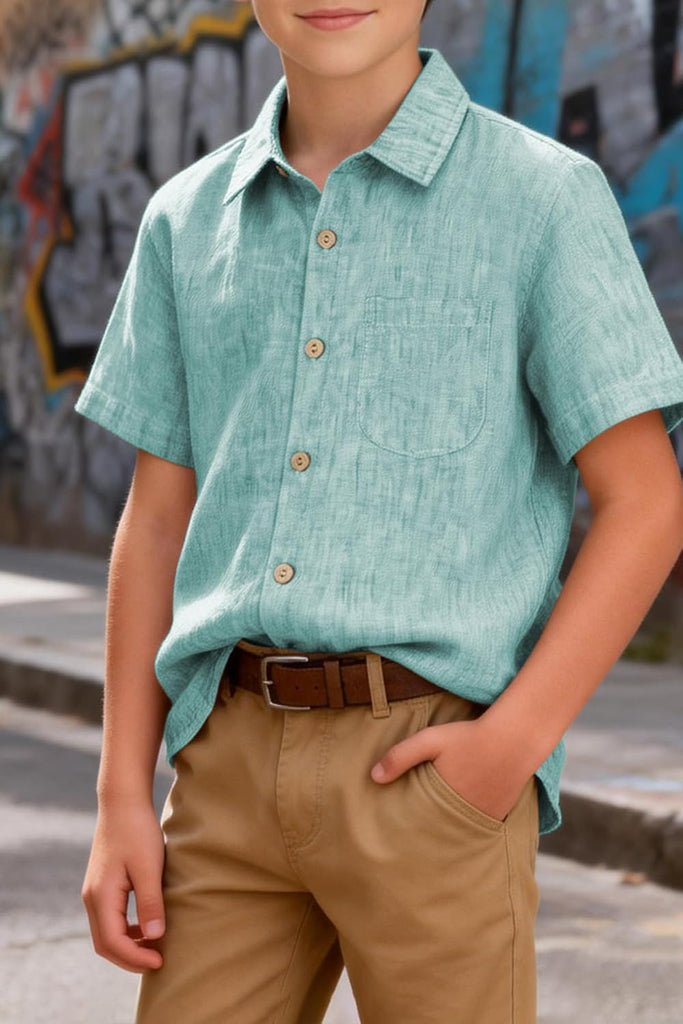 Boy Button Down Chambray Shirts Short Sleeve Linen Shirt