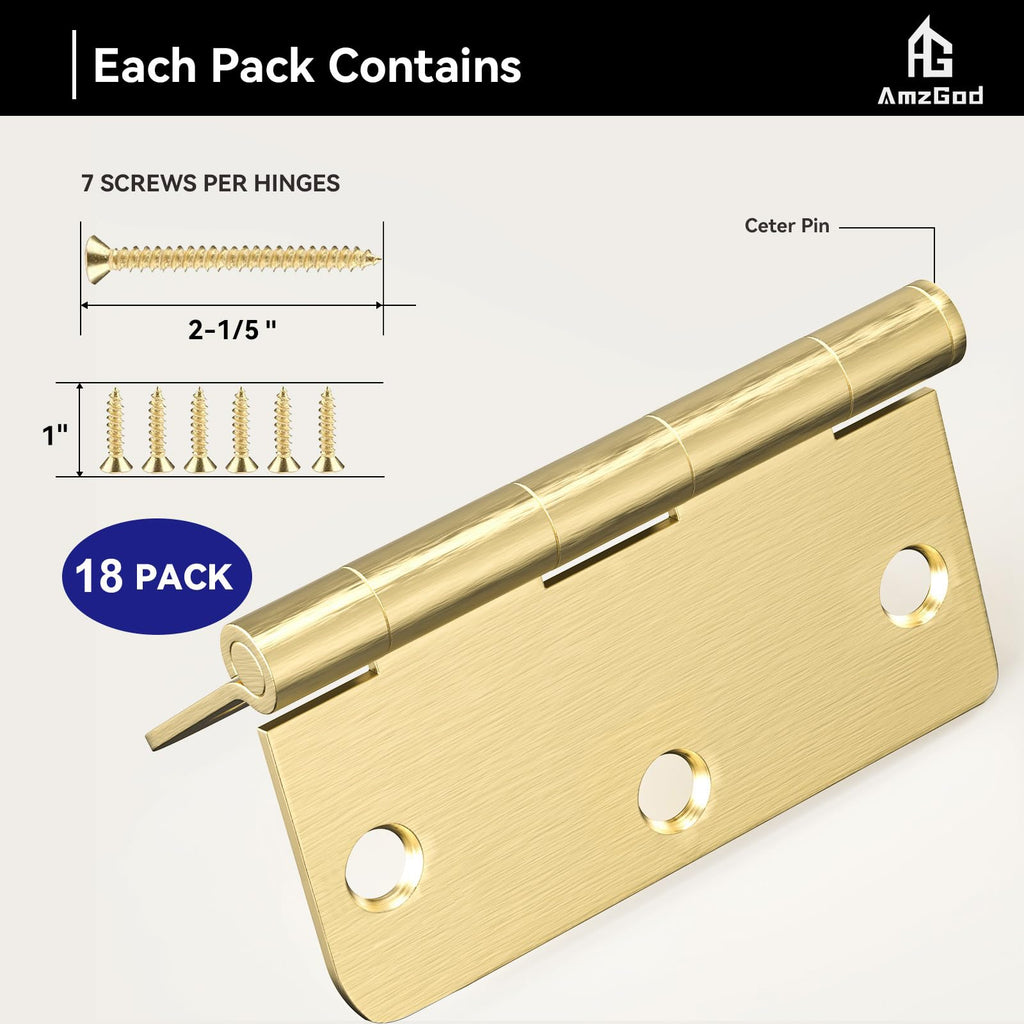 Door Hinges Satin Brass - 18 Pack Gold Door Hinges 3.5 Inch Rounded Interior Door Hinge with 1/4" Radius - 3 1/2