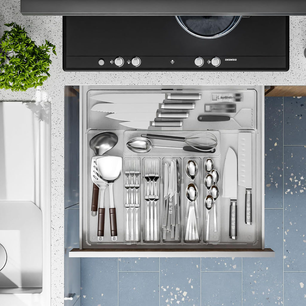 Clear Expandable Silverware Organizers Drawers,Large BPA Free Cutlery Organizer in Drawer,Plastic Utensil Drawer