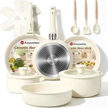 Pots and Pans Set Non Stick, Ceramic Cookware Set with Removable Handles, Stackable Space Saving Kitchen Set