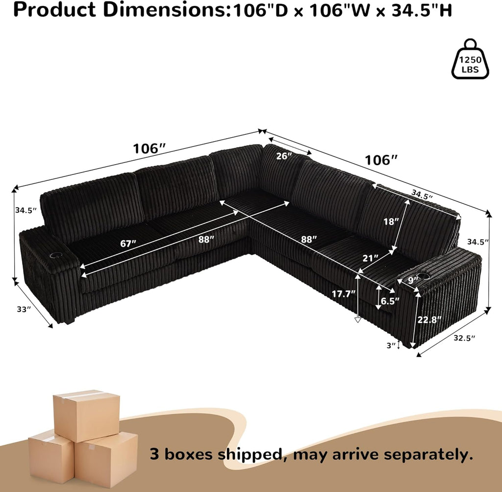 Black Sectional Couches for Living Room, Oversized Corduroy Couch, Sectional Corner Sofa with Cup Holders & USB