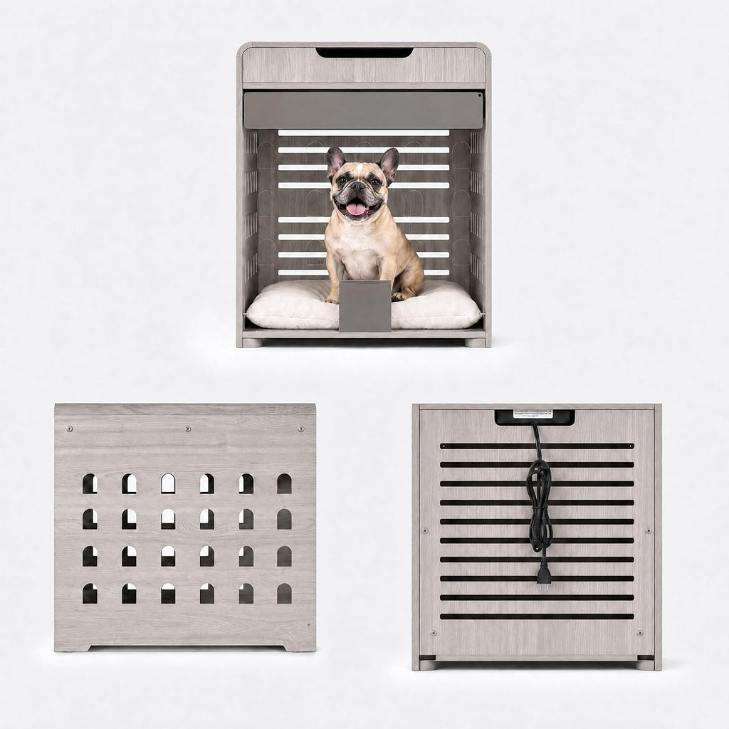 Modern Dog Crate Furniture Wooden Kennel Charging Station End Table Grey